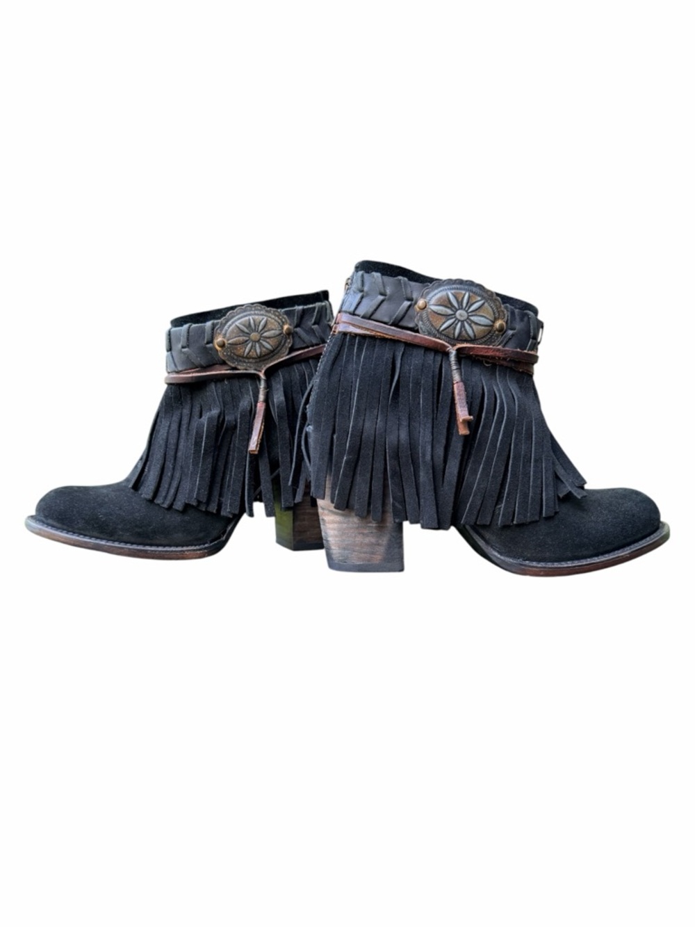 Freebird by Steven Black Suede Fringe Ankle Boots Concho Detail Size 8